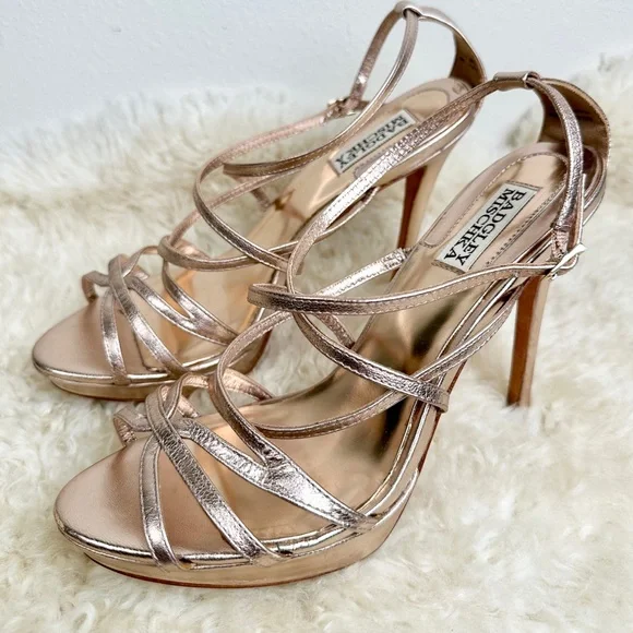 Badgley Mischka Gold Leather Metallic Strappy Stiletto Heels Sz 8.5 - Picture 9 of 10